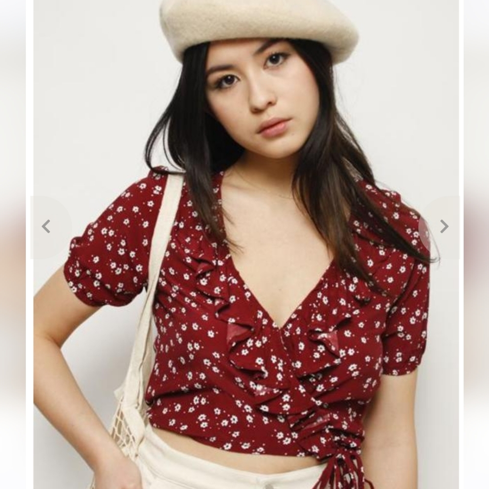 FAITHFULL THE BRAND Carayes Floral Ditsy Ruffles Wrap Tassel Blouse Maro…